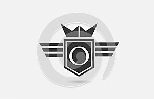 O alphabet letter logo icon for company in black and white. Creative badge design with king crown wings and shield for business