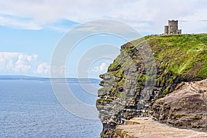 O`Brien`s Tower in Ireland at the highest point of the Cliffs of Moher on the western Atlantic Ocean coastline