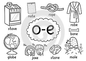 O-e digraph spelling rule black and white educational poster set for kids