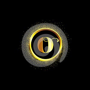 O letter golden icon in middle of golden sparking ring. O logo sign with empty center. Golden sparkling ring with dust glitter