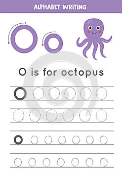 O is for octopus. Tracing English alphabet worksheet.
