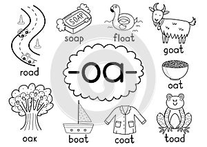 Oa digraph spelling rule black and white educational poster for kids with words