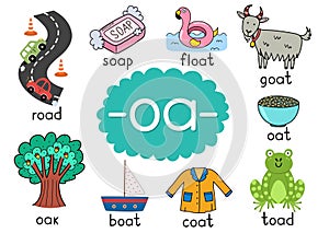 Oa digraph with words educational poster for kids. Learning phonics for school and preschool