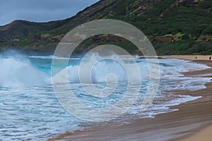 Oahu beach with big waves crashing