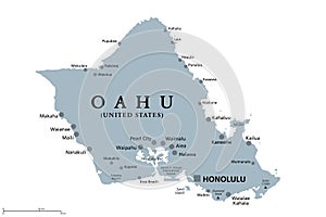 Oahu, Hawaii, United States, gray political map, capital Honolulu