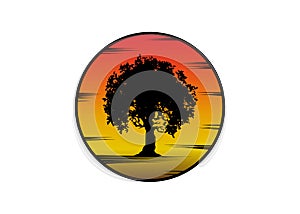 Vector silhouette tree icon isolated on white background. Tree Sunset concept logo design