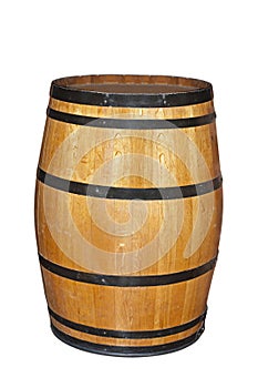 Oak barrel with black trim on a white background