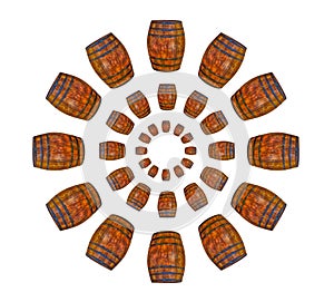 Oak barrel dark brown geometric pattern folded in a circle volume on a white background