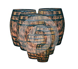 Oak barrel dark brown from large to small stands on a white isolated background