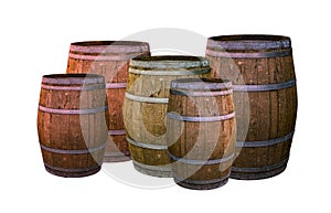 Oak barrel dark brown with metal rings set winery design base on white background set drink whiskey