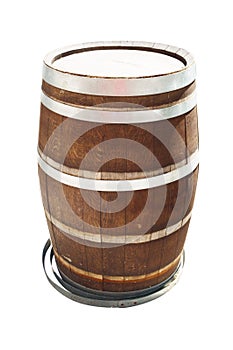 Oak barrel on foreground isolated white background