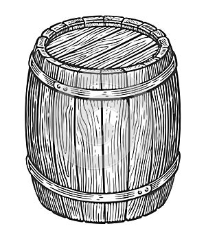 Oak barrel. Hand drawn wooden cask sketch engraving style vector illustration