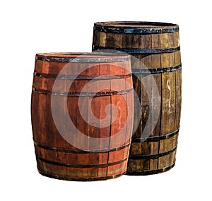 Oak barrel high and low, dark and light for storing wine stands on a white background