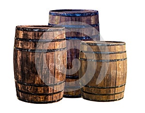 Oak barrel, three dark brown wooden wine storage containers at the winery
