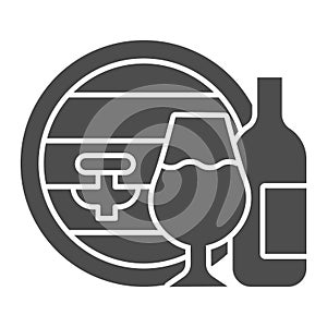 Oak barrel and wineglass and bottle solid icon. Wine making logo glyph style pictogram on white background. Winery farm