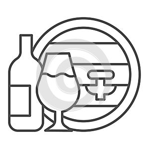 Oak barrel and wineglass and bottle thin line icon. Wine making logo outline style pictogram on white background. Winery