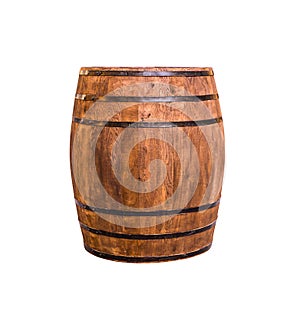 Oak barrel of winemaking brown vintage with iron rings, aging of wine and beer or scotch