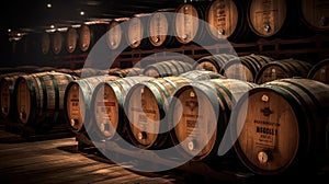 Oak barrels for beer fermentation in breweries. generative ai