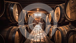 Oak barrels for beer fermentation in breweries. generative ai