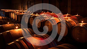 Oak barrels for beer fermentation in breweries. generative ai