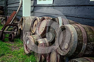 Oak barrels of beer near the House