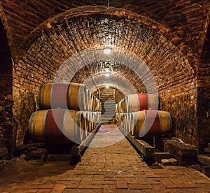 Oak barrels in a underground wine cellar photo