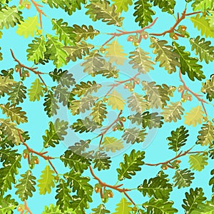 Oak branches with leaf and acorn seamless pattern with blue sky background
