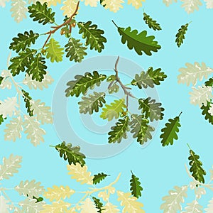 Oak branches with leaf and acorn seamless pattern with blue sky background