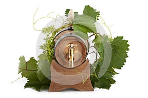 In oak casks with vines and grapes white and black