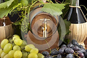 In oak casks with vines and grapes white and black
