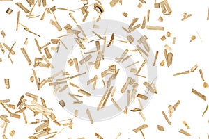 Oak chips sawdust isolated white background. small wood chips for smoking. sawdust texture . ecological fuel