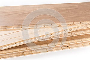 Oak engineered wood flooring boards, locking joint system close-up