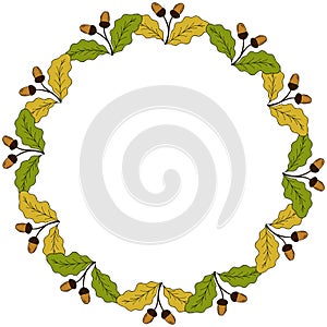 Oak leaf and acorn in color, liner, round frame 1