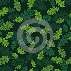 Oak Leaf Seamless Pattern on Green Background
