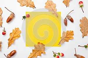 Oak leaves and acorns pattern on white background. Yellow blank frame for text. Autumn mockup. Minimal Autumn composition, fall