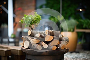 oak logs piled by a cast iron fire pit