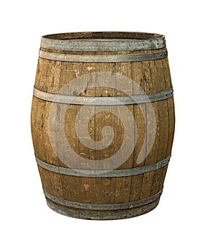 Oak old barrel steel hoops gray weathered aged wine madeira flavoring on white isolated background