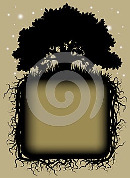 Oak tree black silhouette with roots and frame