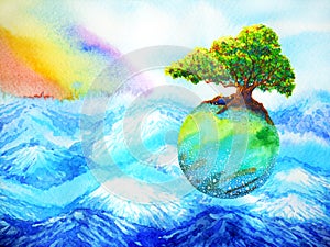 Oak tree on colorful earth floating above mountain with rainbow sky watercolor painting