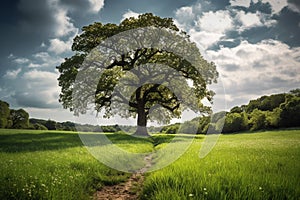 Oak Tree in Meadow. Calming landscape of a meadow with an oak tree in the middle