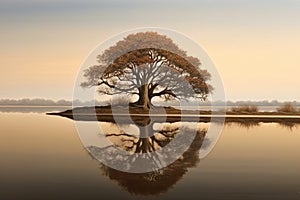 oak tree reflecting on calm lake surface