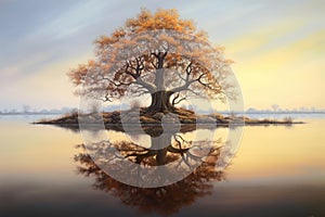 oak tree reflection on calm lake surface