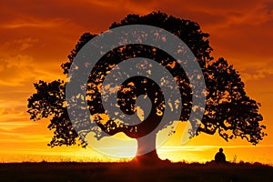 oak tree silhouette against a fiery sunset, person sitting nearby