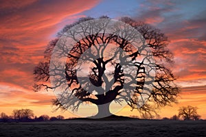 oak tree silhouette against sunset sky