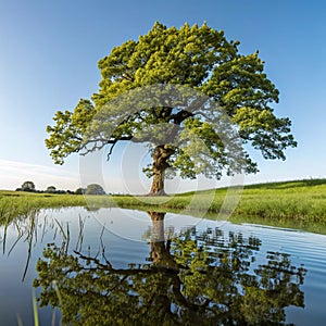 Oak Tree in Summer with Reflection on Water