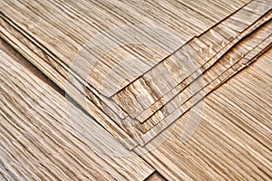 Oak veneer. Oak texture. Spliced oak veneer on the table in the workshop