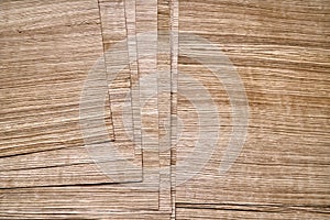 Oak veneer. Oak texture. Spliced oak veneer on the table in the workshop