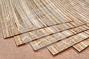 Oak veneer. Oak texture. Spliced oak veneer on the table in the workshop