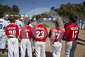 Oak View, California, USA, March 7, 2015, Ojai Valley Little League Field,youth Baseball, Spring, players uniforms show their nam