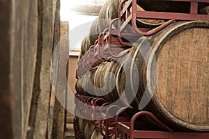 Oak wine barrels in winery